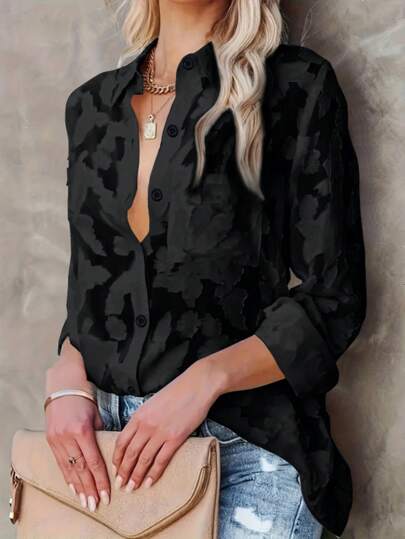 Plus Size Women Casual Jacquard Blouse, Loose Textured Black Long Sleeve Shirt, Suitable For Back To School, Daily Wear, And Vacation