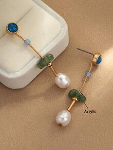 1 par de pendientes largos elegantes y vintage con diseño asimétrico de imitación de jade y perla, con cuentas geométricas para mujeres