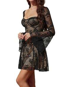 Women's Flare Sleeves Lace Witchy Gothic Dresses A Line Y2K Dress Mesh Sheer Night Out Dresses Floral Lace Bodycon Mini Dress Retro Vintage Dress Halloween Party Costume - 黑色 - 查看 4
