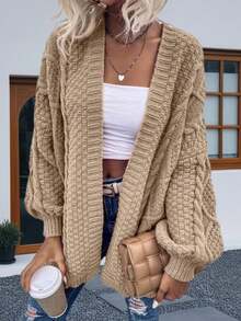 Womens Oversized Open Front Cardigan Sweaters Cable Knit Lantern Sleeve Chunky Knit Coats - 卡其色 - 查看 1