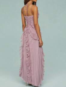 Womens Halter Maxi Dress Sleeveless Backless Tie Up Ruffle Tassel Flounce Party Club Dresses - Mauve Purple - View 4
