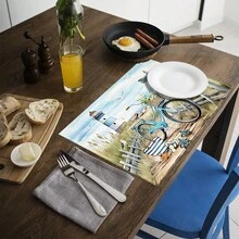 1 pieza/4 piezas/6 piezas Manteles individuales de lino con estampado de bicicleta vintage, decoración del hogar, adecuados para mesa de comedor, todo el año, manteles individuales lavables modernos, decoración de habitaciones, posavasos, manteles de mesa de cocina, decoraciones de fiesta interior/exterior, decoración del hogar, regalo ideal