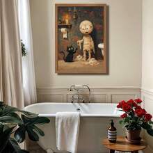 1PC Halloween Cat And Mummy Print, Funny Bathroom Decoration, Scary Halloween Decoration, Cat Lover Halloween Gift, Cat Litter Box Humor, Canvas Wall Art, Posters For Room, Home Decoration, Room Decoration Aesthetic, Room Decoration Stuff. Optional Frame