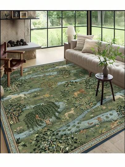 1 Adet Kabarık Lüks Yumuşak Yeşil El Boyalı Bitki Modern Alan Paspası, Kaymaz ve Makinede Yıkanabilir, Kadife Yüzey, Oturma Odası, Yatak Odası, Koridor İçin Mükemmel - Barok Motifli Zarif Avlu Tasarımı, İç Mekan Paspası | Kaymaz Arka Yüzey, Oturma Odası Halıları