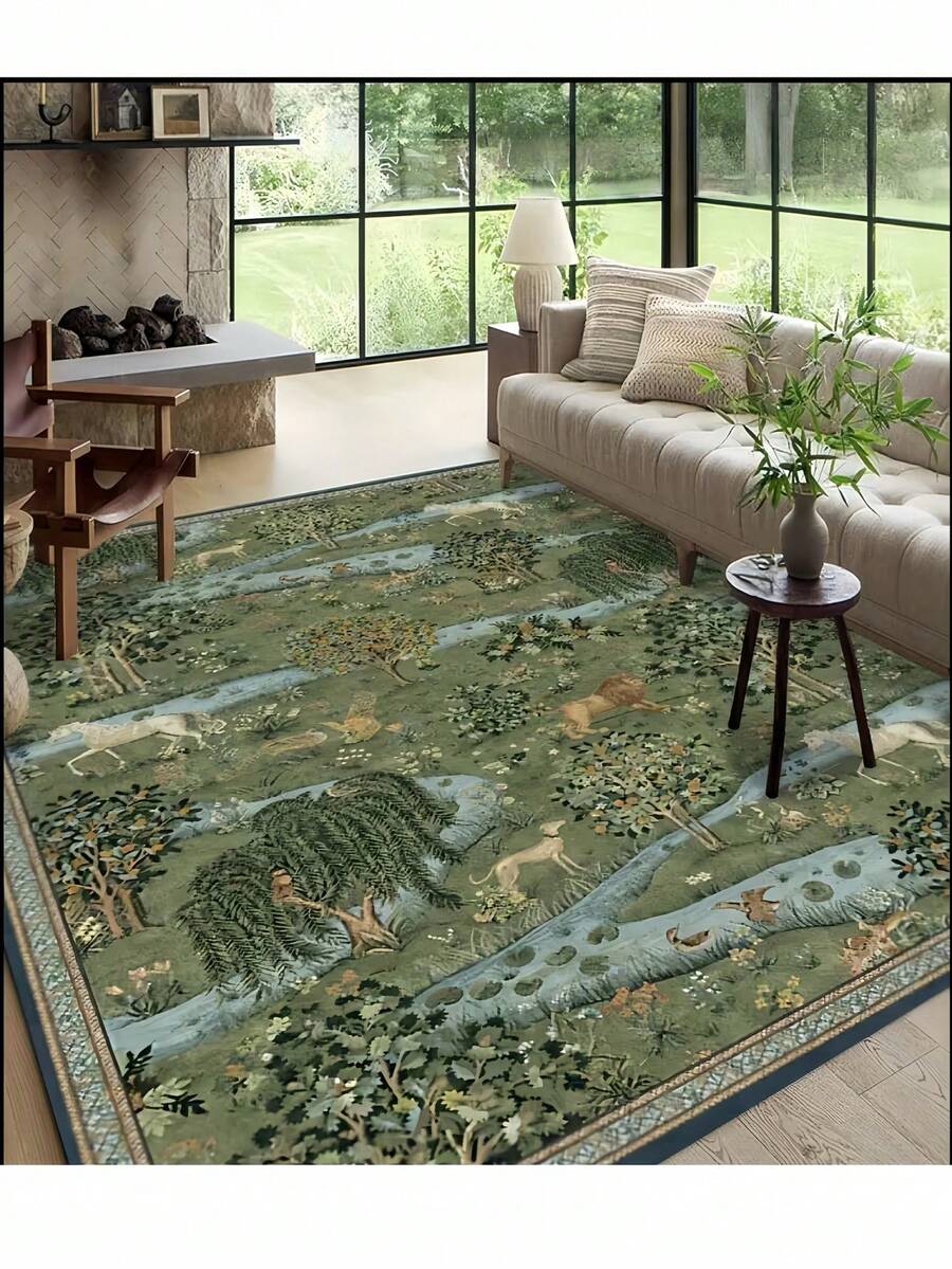 1pc Plush Luxurious Soft Green Hand-Painted Plant Modern Style Area Rug, Non-Slip Washable, Velvet Surface, Perfect For Living Room, Bedroom, Hallway - Elegant Garden Design, Baroque Pattern Indoor Mat | Non-Slip Backing, Living Room Carpet - Cadet Blue - View 1