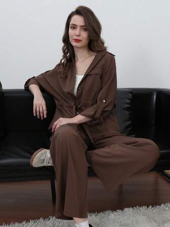 HH 女式时尚新款套装裤装时尚粉色套装绉布衬衫，可调节腰围和绉布阔腿裤