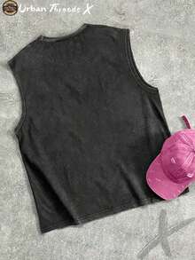 Cotton Washed Crew Neck Tank Top, BILLY STRINGS Art Print, Vintage Washed Craft, Daily Casual Outfit - Black - View 2