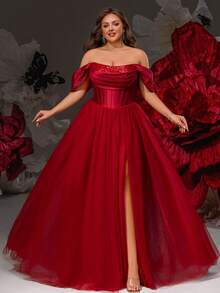 VIPGIRL Vestido de gala de tul color borgoña con hombros descubiertos, corsé con lentejuelas y falda esponjosa, vestidos de gala para mujeres, estilo princesa elegante, vestido de noche formal, vestido de lujo para invitada de boda, vestido de dama de honor, vestido de fiesta