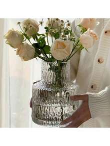 1pc Vintage Textured Glass Vase - Wide Mouth Flower Bouquet Container & Hydroponic Plant Display - Transparent Table Centerpiece For Home/Wedding Decor - Farmhouse Dining Accent, Boho Chic Shelf Styling, Rustic Wedding Reception Essential, Minimalist Living Room Decor, Water Culture Planter Home Decor Flower Vase - dày lên - Xem 7