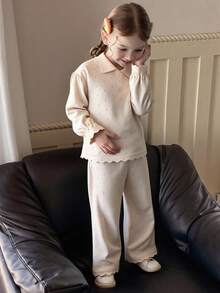 Dazy Kids Conjunto de suéter con cuello Peter Pan y pantalones largos tejidos para niña, ropa de otoño/invierno, de vuelta a la escuela