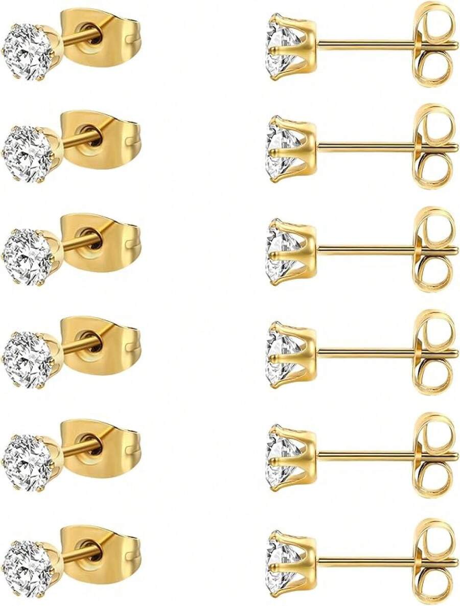MDFUN 6 Pairs Stud Earrings Sets 3-8MM 18K Gold Plated Round 5A+ Cubic Zirconia Earrings CZ 6 Prong Ears Jewelry Women - 5毫米-黃金 - 查看 1