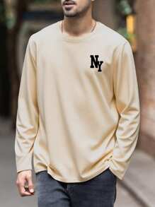 Men's Versatile Piece For Autumn | Apricot Round Neck New York Element Printed Long Sleeve T-Shirt, Suitable As A Gift For Husband, Boyfriend, Or Friend, Fall