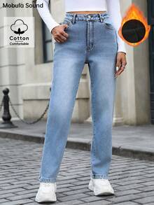 Quần Jeans Denim Co Giãn Lót Nhiệt Ấm Áp Thời Trang Dành Cho Nữ, Thích Hợp Cho Mùa Thu/Đông - Màu xanh lam - Xem 4