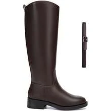 Athlefit Botas Mujer Knee High Riding Boots Round Toe Low Heel Tall Pull On Booties Buckle Detail Comfortable Casual Winter - Brown - View 3