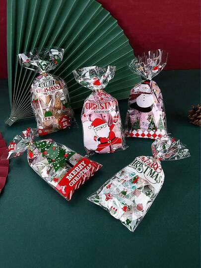 50pcs,Christmas Printed Gift Bag; Plastic Bag For Baking Cookies And Sweets; Transparent Gift Packaging Bag With Christmas Theme,Random Style Christmas Christmas Decorations Christmas Pajamas Christmas Gifts Christmas Decor