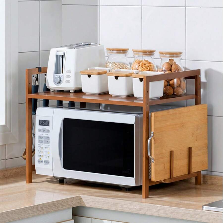 LIVINGANDHOME Living And Home Wooden Spice Rack Organizer,Kitchen Bakers Rack,Microwave Stand, Kitchen Storage Rack Shelf Holder For Spices, Pots, And Pans - Free Standing Kitchen Storage Shelf With Hooks (55*35*67cm/42cm) - Brown - View 1