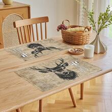1pc/4pcs/6pcs Deer Head Printed Linen Placemats, Suitable For Dining Table, All Season Decor, Modern Washable Table Mats, Room Decor, Coasters, Kitchen Dining Mats, Indoor Outdoor Party Decoration, Home Decor, Ideal Gift - Multicolor - View 2