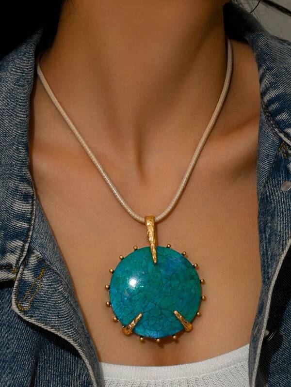 1 pièce Collier pendentif géométrique en résine style bohème vintage doré surdimensionné pour femmes, convient pour les cadeaux, la fête des mères, le port quotidien