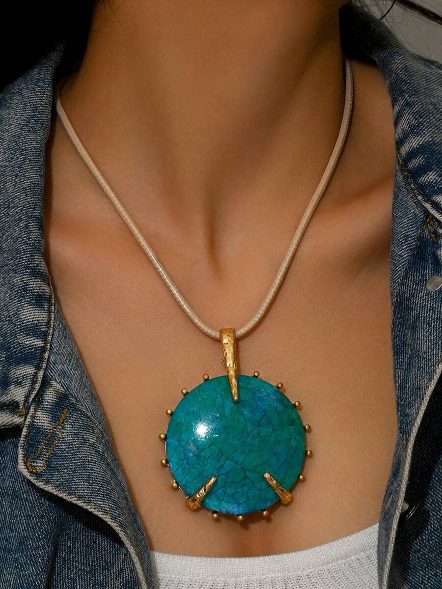 1 件女式复古金色波西米亚风格超大几何树脂吊坠项链，适合送礼、母亲节、日常佩戴 - 金黃色 - 查看 1