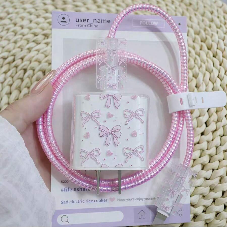 5个粉色TPU爱心/蝴蝶结/花朵/紫色爱心猫咪充电线保护套，兼容苹果18/20W充电器，送朋友的好礼物