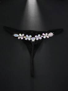 STONEFANS 1pc Rhinestone Flower Decor Sexy Fashionable Panty, Versatile Jewelry Accessory For Women, Suitable For Summer Beach, Y2K Style - STL2927 Silver AB - View 3