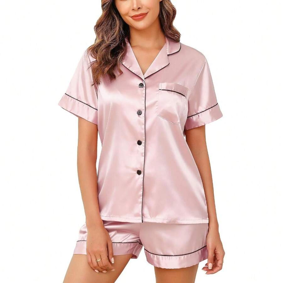 Womens Silk Pajamas, Short Sleeve Satin 2 Piece Pj Sets Button-Down Sleepwear Loungewear Pjs Shorts Set S-XXL - A-light Pink - 查看 1