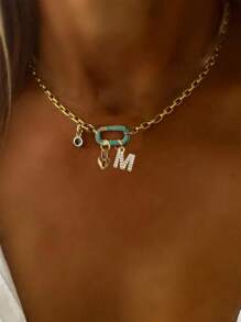 STYLEVER 1件装金色A-Z 26字母项链，绿松石钻石椭圆形扣链，搭配金色珠子项链和不锈钢链，独特优雅风格 - 金黃色 - 查看 20