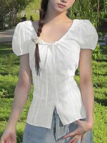 2025春秋短袖系带纽扣衬衫 - 白色 - 查看 3