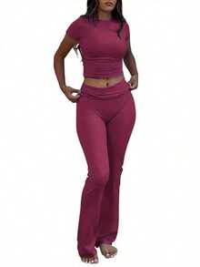 2Pcs Casual Women's Sportswear, Solid Color Short Sleeved Short Sleeved High Waisted Foldable Bell Bottom Pants, Sportswear Set, Suitable For Daily Wear, Yoga Exercise, Running, Fitness, Cycling And Other Activities - 胭脂 - 查看 4