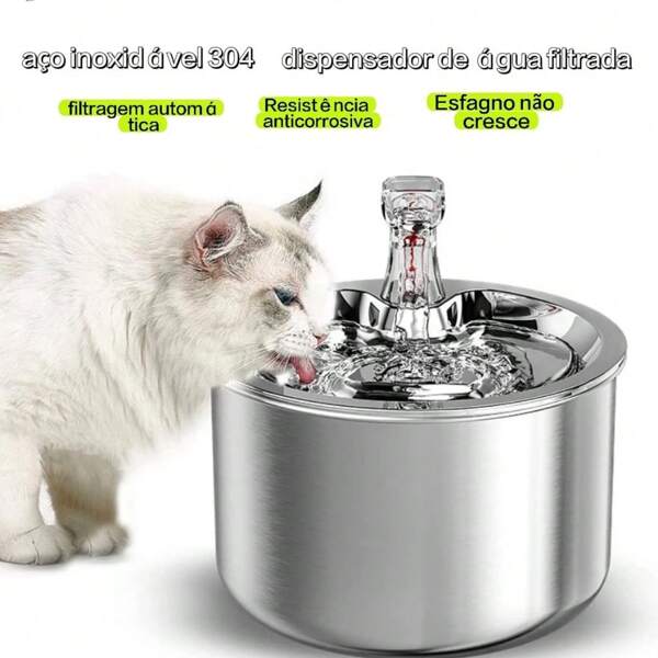 Bebedouro Fonte de Água Automática para Gatos Recipiente em Suporte inox com filtro BiVolt