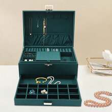 Organizador de joyas exclusivo con 3 cajones de terciopelo y 6 ganchos, estuche de diseño verde esmeralda de 24 x 17 x 11 cm, hecho a mano en madera con superficie antiarañazos, para joyero y almacenamiento de joyas. - Verde - Ver 1