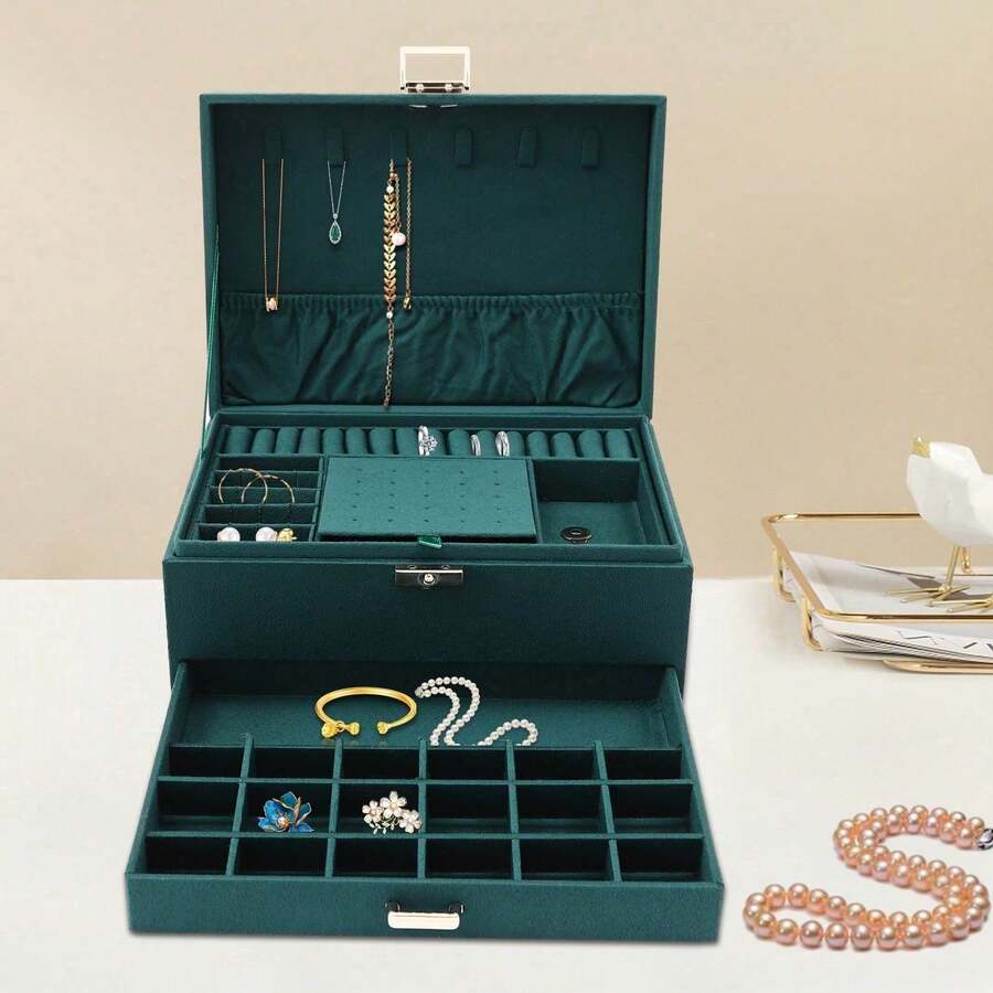 Organizador de joyas exclusivo con 3 cajones de terciopelo y 6 ganchos, estuche de diseño verde esmeralda de 24 x 17 x 11 cm, hecho a mano en madera con superficie antiarañazos, para joyero y almacenamiento de joyas. - Verde - Ver 1