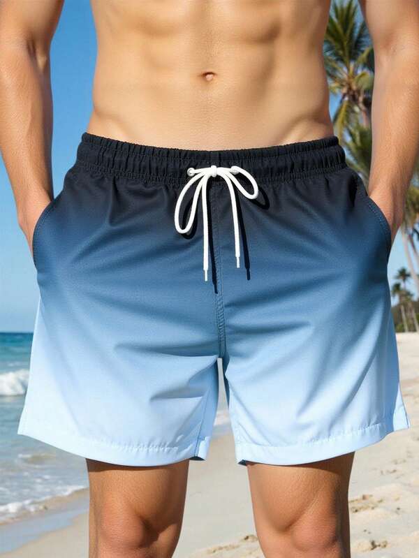 Ombre Drawstring Beach Shorts For Men, Quick Dry, Suitable For Beach, Exercise, Running, Swimming, Spa