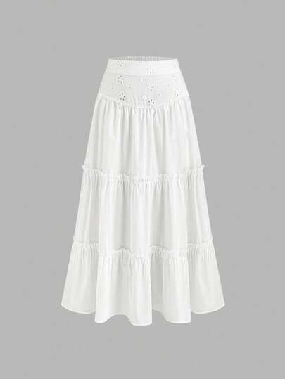 Ruffled Patchwork Hollow Out Embroidered Layered Skirt