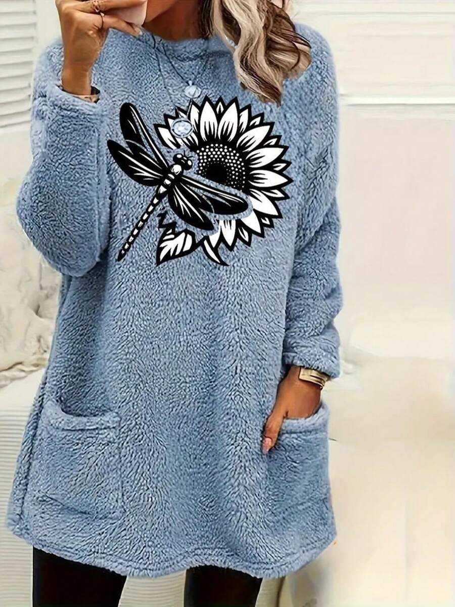 Women'S Plush Top With Pockets - Dragonfly & Sunflower Print, Casual Long Sleeve Crew Neck, Cozy Warm Pullover For Fall/Winter, Light Blue, Comfortable Clothing - Hồng - Xem 1