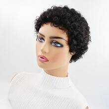 1 Tóc giả ngắn xoăn kiểu Elf, đường chân tóc đã được tỉa sẵn với tóc con, 100% tóc thật, Tóc giả ngắn xoăn kiểu Afro Kinky mới năm 2025, tóc Remy Brazil, mật độ 150%, Tóc giả ngắn kiểu Elf sóng nước, đội trong 3 giây, dệt máy hoàn toàn, màu đen tự nhiên, cỡ mũ trung bình, phù hợp với chu vi đầu 22,5 inch, thích hợp cho tiệc sinh nhật/du lịch, đang khuyến mãi - màu đen - Xem 4