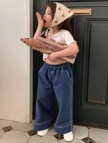 DAZY 年轻女孩松紧腰口袋阔腿宽松休闲百搭牛仔裤 - 深色水洗藍 - 查看 5