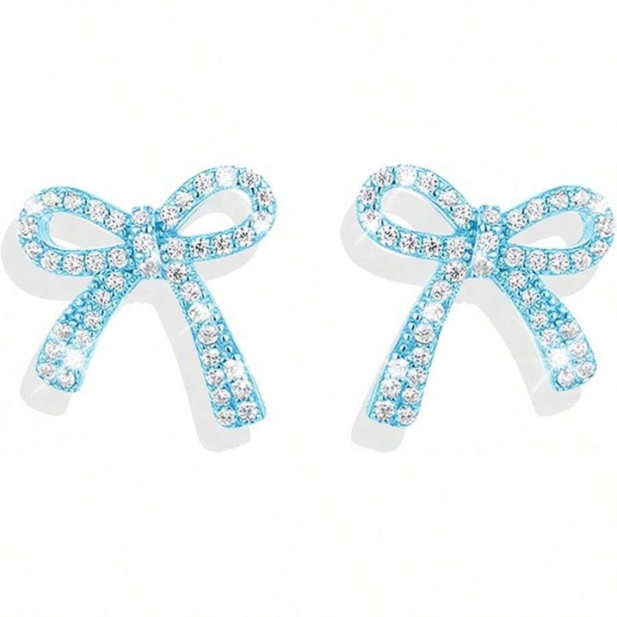 Bow Earrings For Women Sparkly Rhinestone Chain Tassel Earrings Cute Ribbon Stud Earring Daily Party Jewerly Gifts Christmas Stocking Stuffers - A6: anting-anting pita biru - View 1