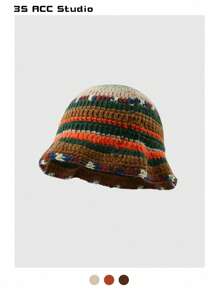 1pc Autumn Winter Maillard Color Bowknot Contrast Striped Polka Dot Hand-Made Crochet Knit Hat, Thick Four Seasons Rainbow Striped Knitted Fisherman Bucket Hat For Women, Fashionable Christmas