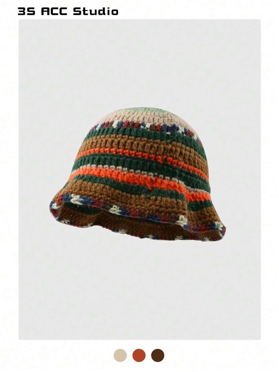 1pc Autumn Winter Maillard Color Bowknot Contrast Striped Polka Dot Hand-Made Crochet Knit Hat, Thick Four Seasons Rainbow Striped Knitted Fisherman Bucket Hat For Women, Fashionable Christmas