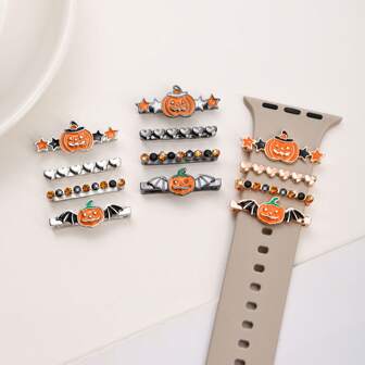 4pcs/Set Orange Drip Oil Pumpkin & Bat Halloween Watch Band Decoration Set, Zinc Alloy Material With Rhinestone Charm, Suitable For Apple Watch Band, Smart Watch Band Decoration, Holiday Wear Decoration Gift (Watch Band Not Included)