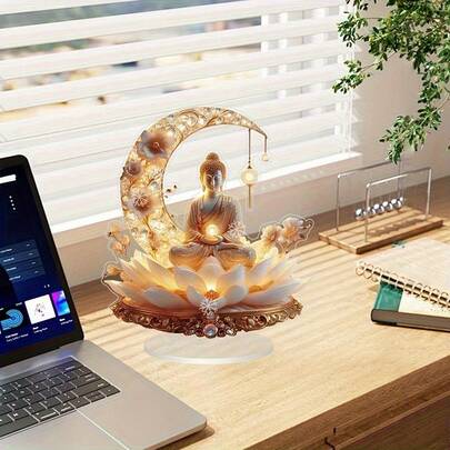 2D 平面优雅金色佛像，带莲花亚克力装饰 - 宁静的桌面装饰，带灯光设计，适合居家和花园，是冬季节日庆祝活动的完美选择，2D 平面设计适合 11 个节日