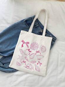 1pc Foldable Reusable Tote Bag With Blue Bowknot Pattern, Large Capacity Casual Grocery Bag, Minimalist Bohemian Style Handbag Suitable For Work, Travel, Shopping, School And More - Beige - View 10