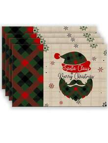 2pcs/4pcs/6pcs/8pcs Christmas Linen Placemat, Green Plaid Santa Claus Head Print Pattern Placemat, 12*18 Inch Heat Resistant And Non-Slip Washable, Suitable For Christmas Holiday Farmhouse Family Gathering And Party Decoration Placemat