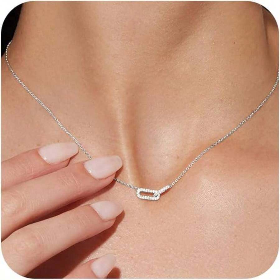 Gold Pendant Necklace For Women, Dainty Diamond Necklaces For Women Simple 14K Gold Plated Paperclip Choker Necklaces Cute Minimalist Open Oval Necklaces Gold Jewelry For Women Gifts - 銀+CZ迴紋針-銀色 - 查看 1