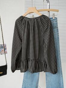 秋冬新款复古格子荷叶边拼接系带长袖女式衬衫，宽松修身套头衫，适合冬季圣诞节新年穿着 - 咖黑色 - 查看 10