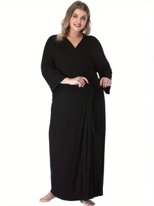 Womens Plus Size Long Robes Lightweight Kimonos V Neck Knit Bathrobe Soft Maternity Robe Sleepwear - 黑色 - 查看 2