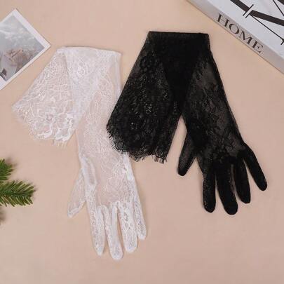 1 Pair Long Length Lace Gloves Thin Material Transparent Wedding Gloves Floral Pattern Sheer Fabric Bridal Gloves Night Club Autumn Accessories