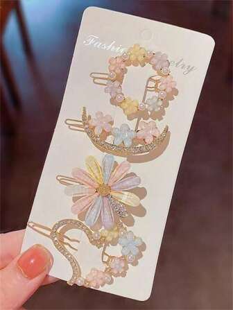 4pcs Fashionable Flower Decor Hair Clips, Sparkling Rhinestone Hair Clips, Heart-Shaped Hair Clips, Elegant Hair Clips, Suitable For Women And Daily Use (No Card Paper, Card Paper For Shooting Only), Vacation Outfits Woman, Looks Of Party, Hair Accessories