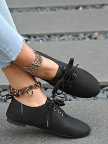 系带圆头女士时尚平底休闲一脚蹬优雅鞋 - 黑色 - 查看 4